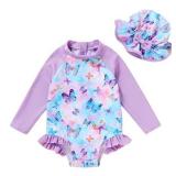 Infant Baby Girl Swimsuit One-Piece Long Sleeve Rash Guard with Hat Set Floral Zipper Bathing Suit Leopard Beach Wear(Purple Butterfly, 0-3M)