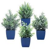 summer flower Set of 4 Fake Plants in Pot,Small Artificial Eucalyptus Potted Plant,Mini Wheat Grass?Ferns Faux Plants Greenery for Home Indoor Office Table Bathroom Farmhouse Decoration (Blue)