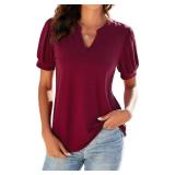 Neineiwu Women Summer Casual Split V Neckline Blouses Loose Tunic Puff Short Sleeve Tops (Wine red L)