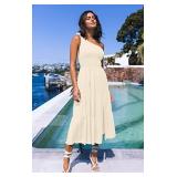 MEROKEETY Summer One Shoulder Smocked Midi Dresses for Women Bohemian Sexy Slit Flowy Party Dress,Navy,S