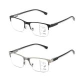 Multifocus Reading Glasses Men Progressive Multifocal Blue Light Computer Reader Half Frame Metal Extra Wide Eyeglasses No Line Bifocals Large Designer Cheaters Transition Square Eyewear 2packs 1.50