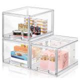 3 Packs Plastic Stackable Storage Drawers, DILIBRA Clear Storage Bins Organizer with Pull Out Drawer for Kitchen Cabinet Pantry Fridge Freezer Shelf Refrigerator Organization and Storage