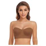 Lusait Strapless Bra for Women Non-Slip Silicone Padded Bandeau Bra Wireless Tube Top Bra Brown L