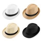 FALETO Unisex Summer Panama Straw Fedora Hat Short Brim Beach Sun Cap Classic (#011 Pack for 4 Colros)