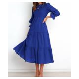 BTFBM Women Casual Long Sleeve Dress Fall Dresses 2024 Solid Color Relaxed Fit Smocked Tiered Flowy Boho Long Dresses(Solid Royal Blue,X-Large)