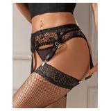 Women Plus Size Garter Belt Black Lace Mesh Suspender Belt Set 4 Vintage Metal Clips Garter Belts for Stockings