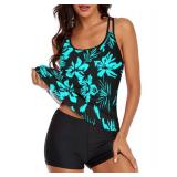 Urchics 2024 Flowy Tankini Swimsuits for Women Tummy Control Tankini Swimwear Tank Top with Boyshorts Two Piece Bathing Suits Flowers Blue Green L