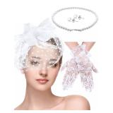 4 Pcs 50s Fascinators Hat for Women Tea Party with Short Lace Gloves Pearl Necklace Earrings for Wedding Halloween Funeral(White)