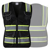 JKSafety 9 Pockets Women Hi-Vis Reflective Safety Vest | Mesh Black | Reflective Strips with Yellow Extended Trims | ANSI Compliant (168-Black, L)