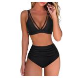 RXRXCOCO Women Mesh V Neck Two Piece Swimsuit High Waisted Bikini Set Ruched Tummy Control Bathing Suits Black X-large