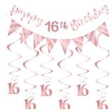 Rose Gold 16th Birthday Decoration for Girls, Happy 16th Birthday Banner Bunting Swirls, Triangle Flag Banner for 16 Birthday Party Decorations Supplies