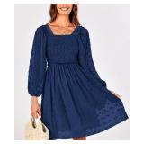 BTFBM Women Square Neck Smocked Dresses 2024 Summer Fall Long Sleeve Floral Swiss Dot Ruffle Party Mini Boho Dress(Swiss Dot Navy, Large)