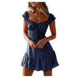 YOBECHO Womens Summer Ruffle Sleeve Sweetheart Neckline Printing Dress (Small, Navy Blue)