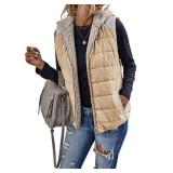 Womens Sherpa Fleece Zipper Up Reversible Vest Warm Color Block Hoodie Outwear with Pocket**no size visible, possibly S/M**