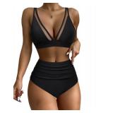 RXRXCOCO Women Mesh V Neck Two Piece Swimsuit High Waisted Bikini Set Ruched Tummy Control Bathing Suits Black Large