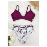 SouqFone Women Twisted Front Padded Two Piece Bikini Swimsuit Spaghetti Strap Floral Wrap Bathing Suits-L, Burgundy