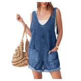 Glamaker Womens Casual Sleeveless V Neck Denim Romper Overall Shorts Summer Jean Romper Denim Outfit With Pocket(Dark Denim Blue XL)