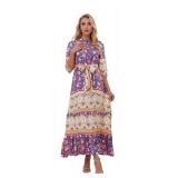 HECCPLI Women 3/4 Sleeves Front Buttons Floral Print Casual Bohemian Maxi Dresses small