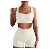 Workout Sets for Women Two Piece Sets for Women Summer Seamless Ribbed High Waist Leggings with Sports Bra Crop Tank Gym Yoga Sets, Beige, M