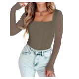 PINKMSTYLE Square Neck Mesh Long Sleeve Bodysuit for Women Shapewear Bustier Tops Sexy Going Out Outfits Army Green X-Large