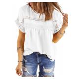 Dokotoo Blouses for Women Fashion 2024 Summer Crochet Lace Round Neck Short Sleeve Shirts Back Button Down Pom Boho Casual Solid Chiffon Blouse Womens Tops White Small