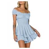 AOHITE Womens Summer Tube Top Dress Off-Shoulder Ruffled Flowy Mini Short Dresses Light Blue Small