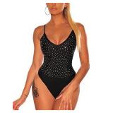 SEBOWEL Women Studded Bodysuit Sleeveless V Neck Jumpsuits Rompers Top Clubwear, Black, XL