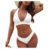 Blooming Jelly Womens High Cut Bikini Sets Sexy Cheeky Two Piece Swimsuit Slimming Halter Flattering Ladies Cute Bathing Suit (Medium, White)