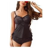 Avidlove Sexy Pajama Set for Women Satin Cami and Shorts Set Two Piece Lace Lingerie Black, X-Large