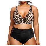 Yonique Womens Plus Size Bikini High Waisted Swimsuits Two Piece Bathing Suits Tummy Control Swimwear Leopard and Black 12Plus