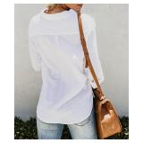 Womens Casual Button Down Long Sleeve Shirts V Neck Roll Up Cuffed Sleeve Work Solid Blouse Tops with Pockets,White Small