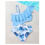 Floerns Girls Monokini Swimwear One Shoulder Ruffle Trim Cut Out One Piece Swimsuit Blue and White 10Y