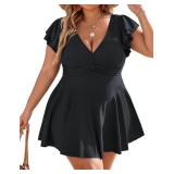 Blooming Jelly Womens Plus Size Swimsuit Tummy Control One Piece Bathing Suits V Neck Ruffle Swimdress Swimwear(XL,Black)