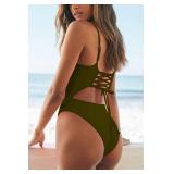 Meyeeka One Piece Swimsuit for Women Strappy Off The Shoulder Cut Out Lace Up Backless Swimwear S Army Green