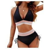 Blooming Jelly Womens High Waisted Bikini Tummy Control Swimsuits Two Piece Drawstring Bathing Suit (M, Black)