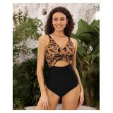 BMJL Womens Tummy Control Swimsuits One Piece Cutout Bathing Suits V Neck Color Block Swimwear L,Leopard