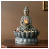 Kalona Home Decor 9.6" Tabletop Fountain Exquisite Smile Sitting Buddha Fountains Desk Water Fountain Decorative Zen Fountain w/Reflective Lighting/Cobblestone Office and Home Decor(21125A)