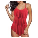 Century Star One Piece 2024 Tummy Control Swimsuits for Women Ruffled Flounce Bathing Suit Vintage Swimwear Plus Size Red Flounce 12-14