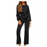 Happy Sailed Women Casual Loose Long Sleeve Belted Wide Leg Pant Romper Jumpsuits Small Black