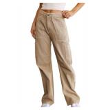 Dokotoo Khaki Cargo Pants Women TrousersPants Wide Leg Dress Pants Women High Waisted Casual TrousersPants for Women Trendy Loose Womens Trousers Palazzo Pants with Pockets - Size 14