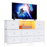 LYNCOHOME White Dresser with Power Outlets and LED Lights, 43" W Dresser TV Stand with 8 Drawers, Fabric Chest of Drawers for Bedroom, Living Room, Entryway - Retail: $104.57