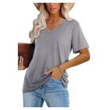 Lunivop Womens Tops V Neck Short Sleeve Tshirts Loose Solid Color Basic Tees for Summer Grey XL