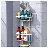 Kadolina Anti-Swing Bathroom Hanging Shower Caddy, Over Head Shower Caddy Organizer Basket with Hooks for Towels, Razor and Sponge, White [Patented]