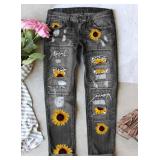 Astylish Women Patchwork Ripped Sunflower Jeans Washed Stretch Raw Hem Distressed Hole Ankle Denim Pants X-Large Black