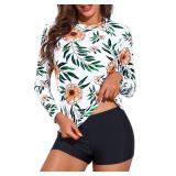 Daci Women White Flower Two Piece Rash Guard Long Sleeve Swimsuits UV UPF 50+ Swim Shirt Bathing Suit with Boyshort Bottom S