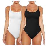 VVX Shapewear for Women Tummy Control - 2 Piece Bodysuit Shapewear Cami Seamless Thong Body Shaper Bodysuit- Black/White XL