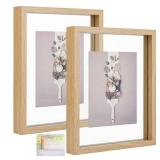 MUYE 8x10 Floating Frame Set of 2,Double Glass Rustic Photo Frame for Wall Hanging or Tabletop Standing,Display Any Size Photo up to 8x10,Natural