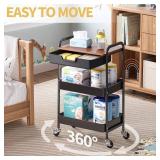 TOOLF 3-Tier Utility Rolling Cart with Wooden Board and Drawer, Metal Storage Cart with Handle, Black Trolley Kitchen Organizer Rolling Desk with Locking Wheels for Office, Classroom, Home, Bedroom