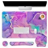 Arttown Purple Blue Marble Desk Mat, Painting Golden Mouse Pad Set with Wrist Support, 4-in-1 Large Mousepad+Keyboard Wrist Rest+Mouse Wrist Rest+Coaster with Ergonomic Design, Non-Slip Mat