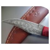 handmade Damascus steel fixed blade small knife mushroom hunting skinner full tang red resin handle 7 inch total length with leather sheath